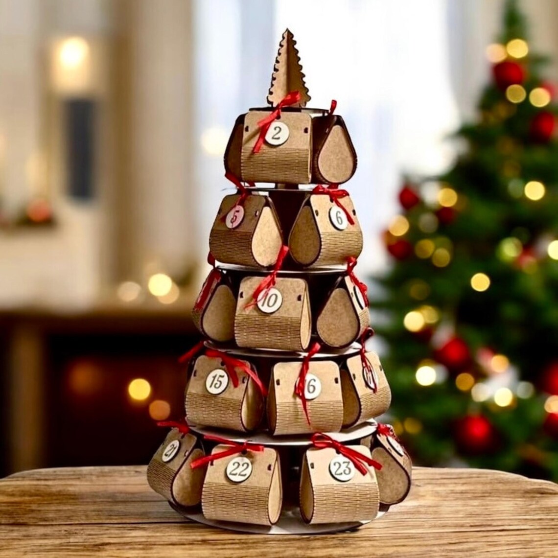 Advent calendar for Christmas holidays in the shape of a Christmas tree, made of wood