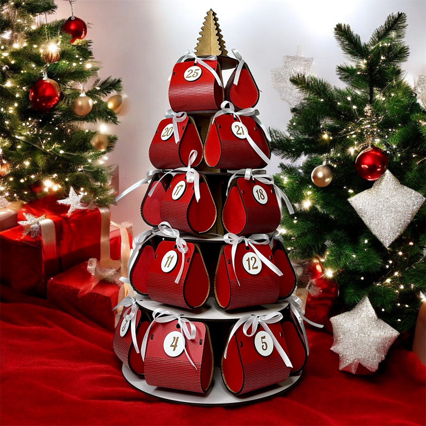 Red advent calendar with white ribbons and numbers, set against a festive Christmas tree and gift background.