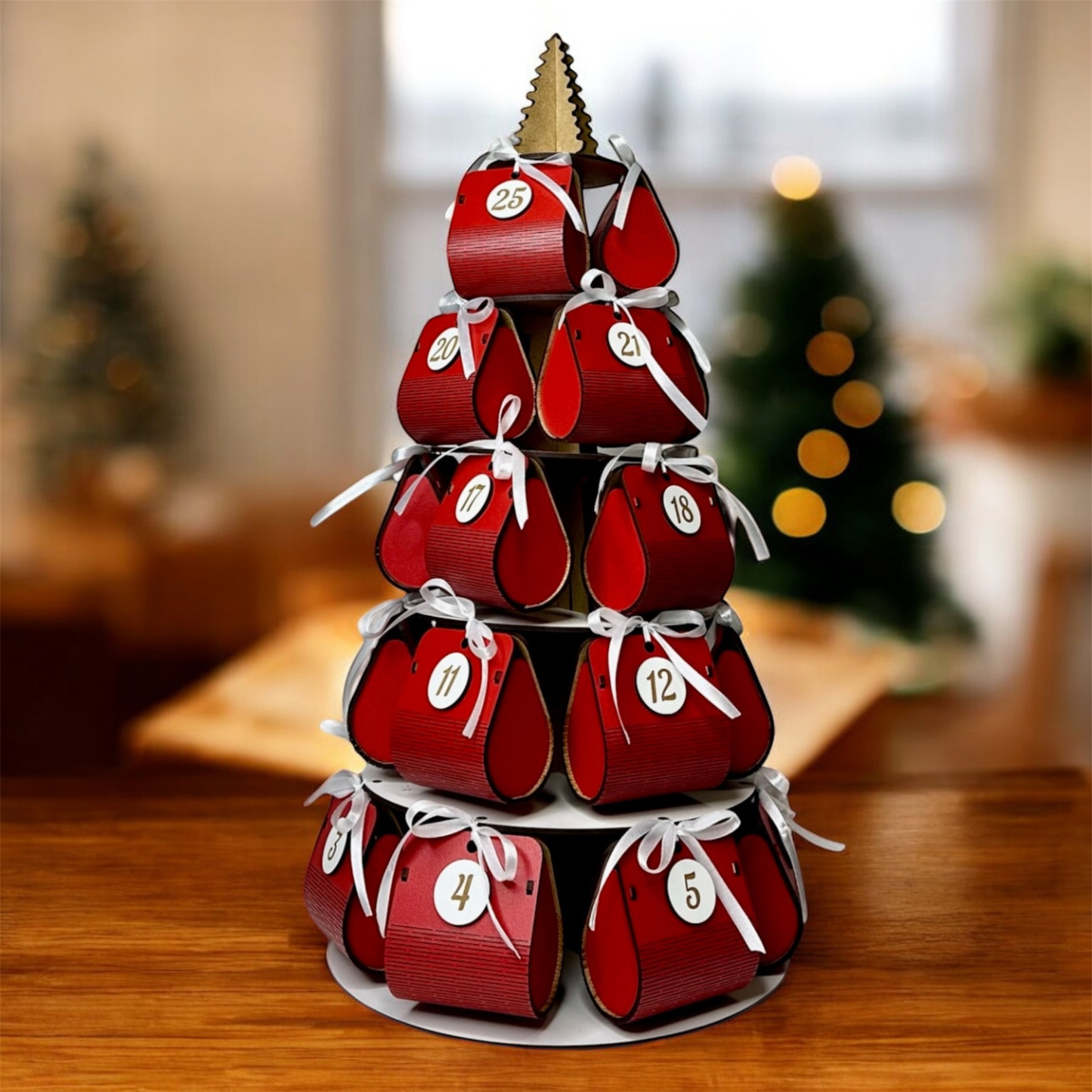 Red advent calendar in the shape of a Christmas tree on a wooden table with blurred Christmas decorations in the background.