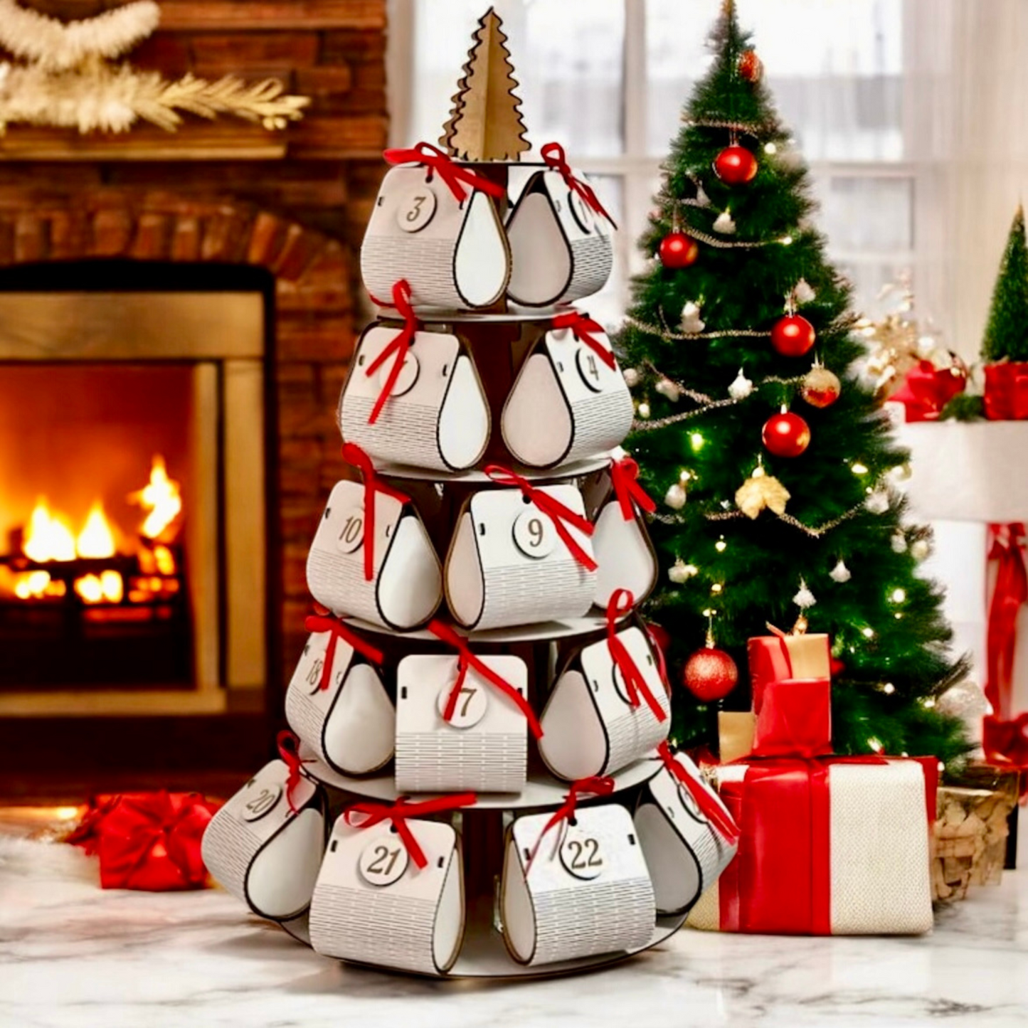 white wooden Advent calendar in the shape of a Christmas tree with spacious boxes