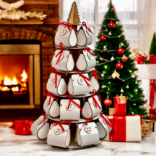 white wooden Advent calendar in the shape of a Christmas tree with spacious boxes