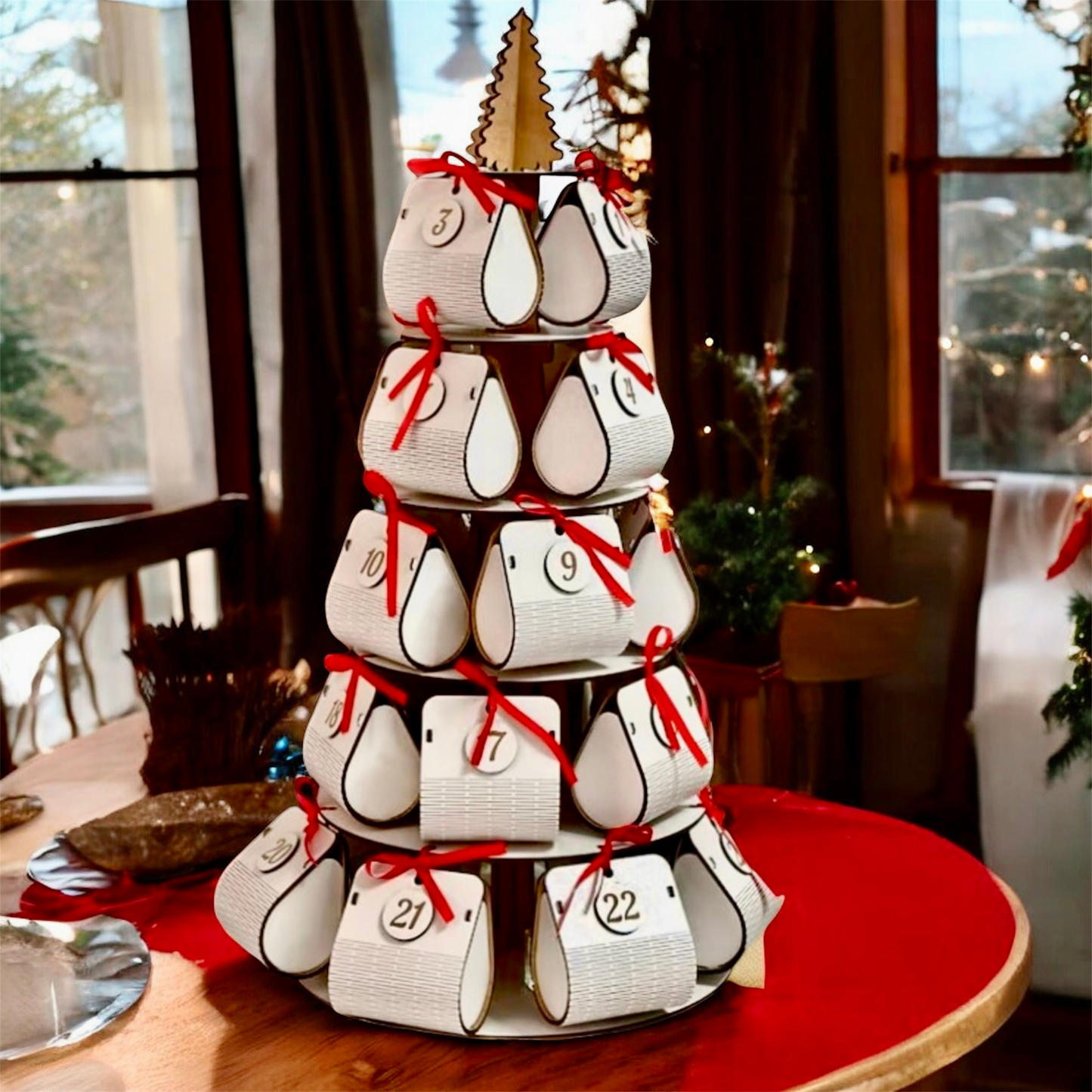 white wooden Advent calendar in the shape of a Christmas tree with spacious boxes