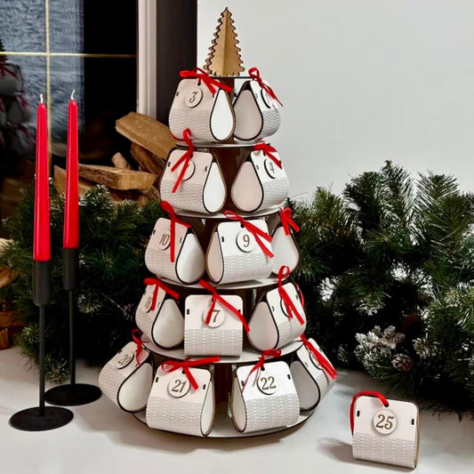 Advent calendar with numbered white boxes tied with red ribbons, set against a Christmas-themed background.