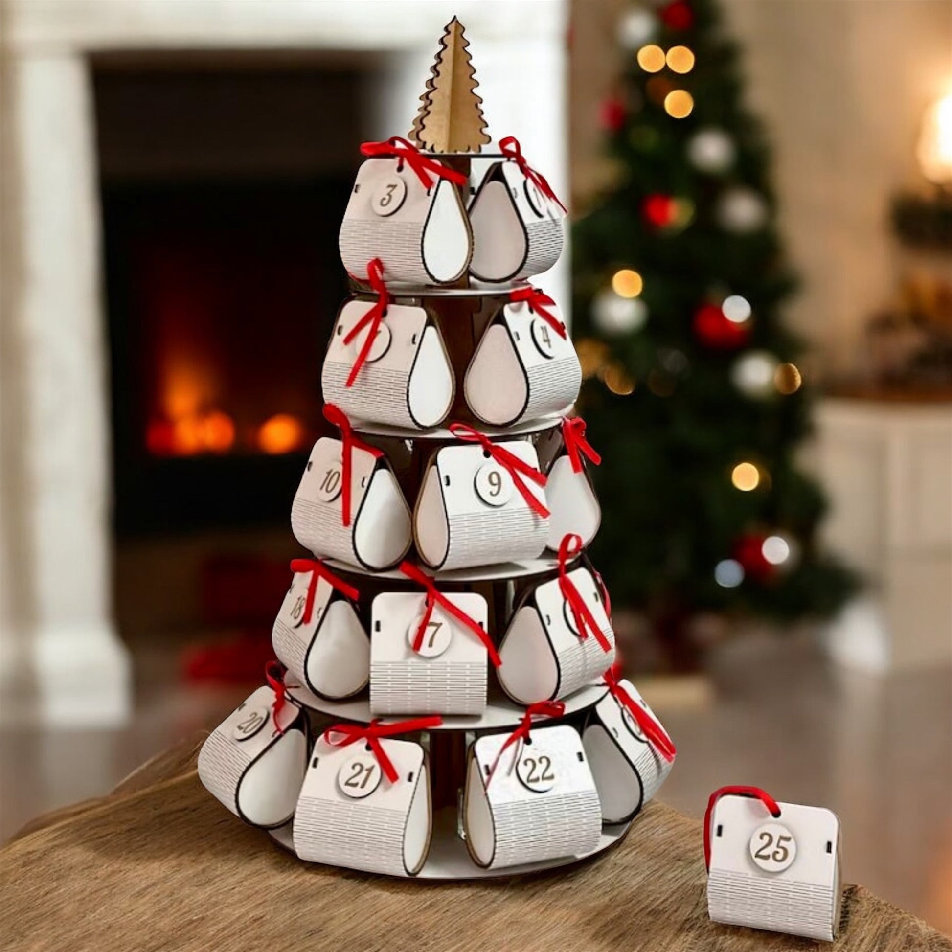 Advent calendar shaped like a Christmas tree with numbered tags, set against a festive background.