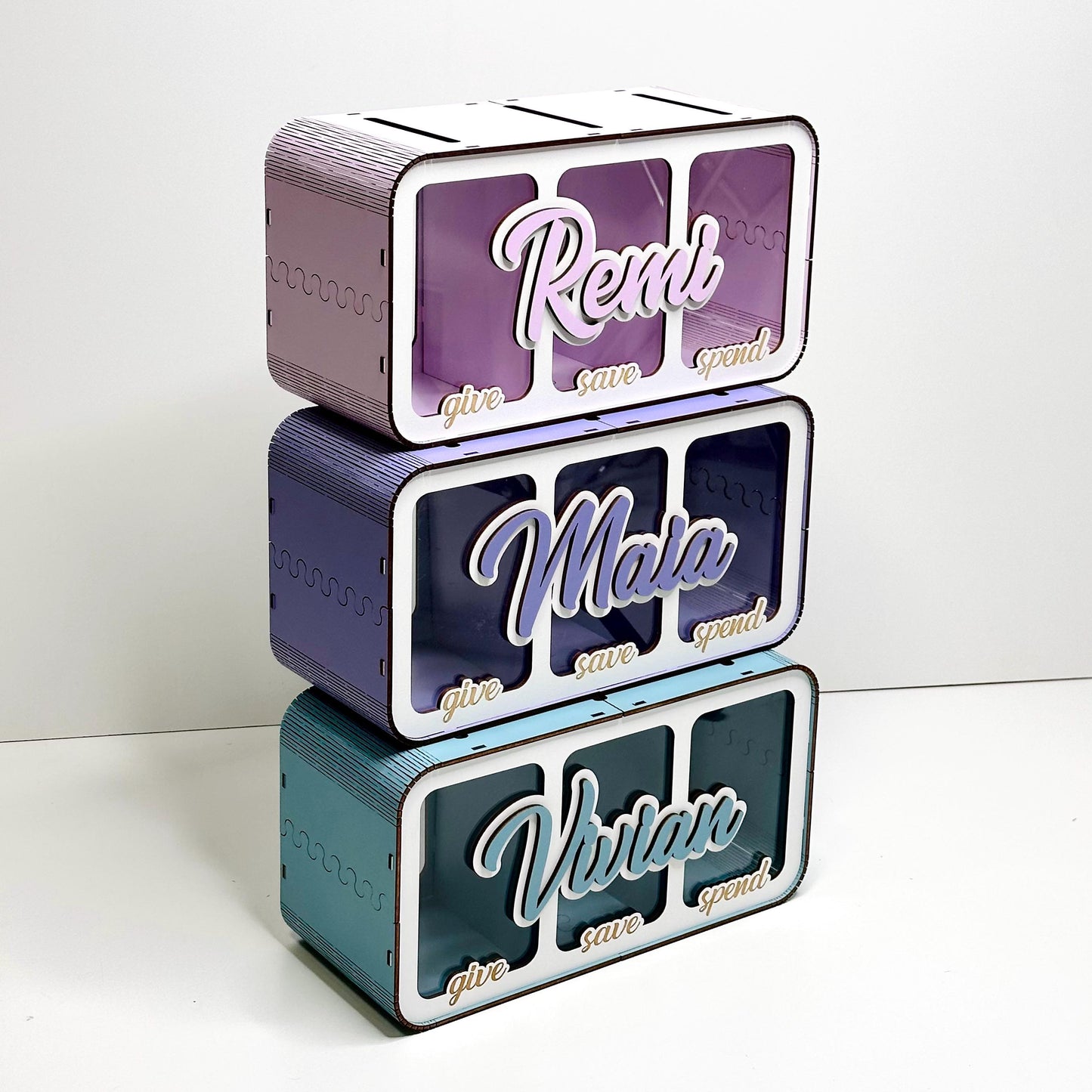 Save Spend Share Wooden Money Box for Kids
