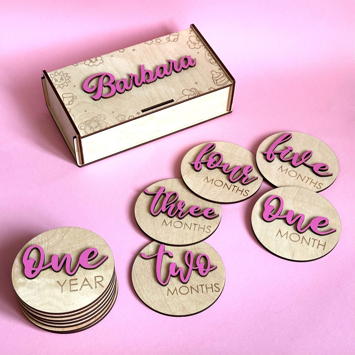 Wooden 3D Monthly Milestone Discs for Baby Photos | Engraved Wood Monthly Milestone Markers | Personalized Baby Sign
