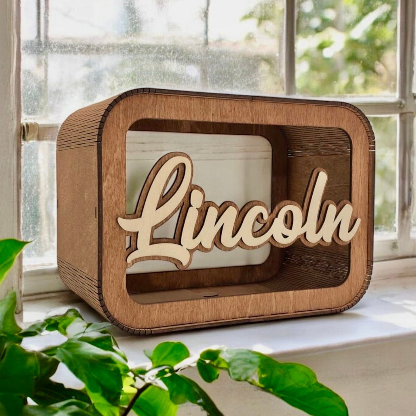 personalized wooden piggy bank for children with 3D effect