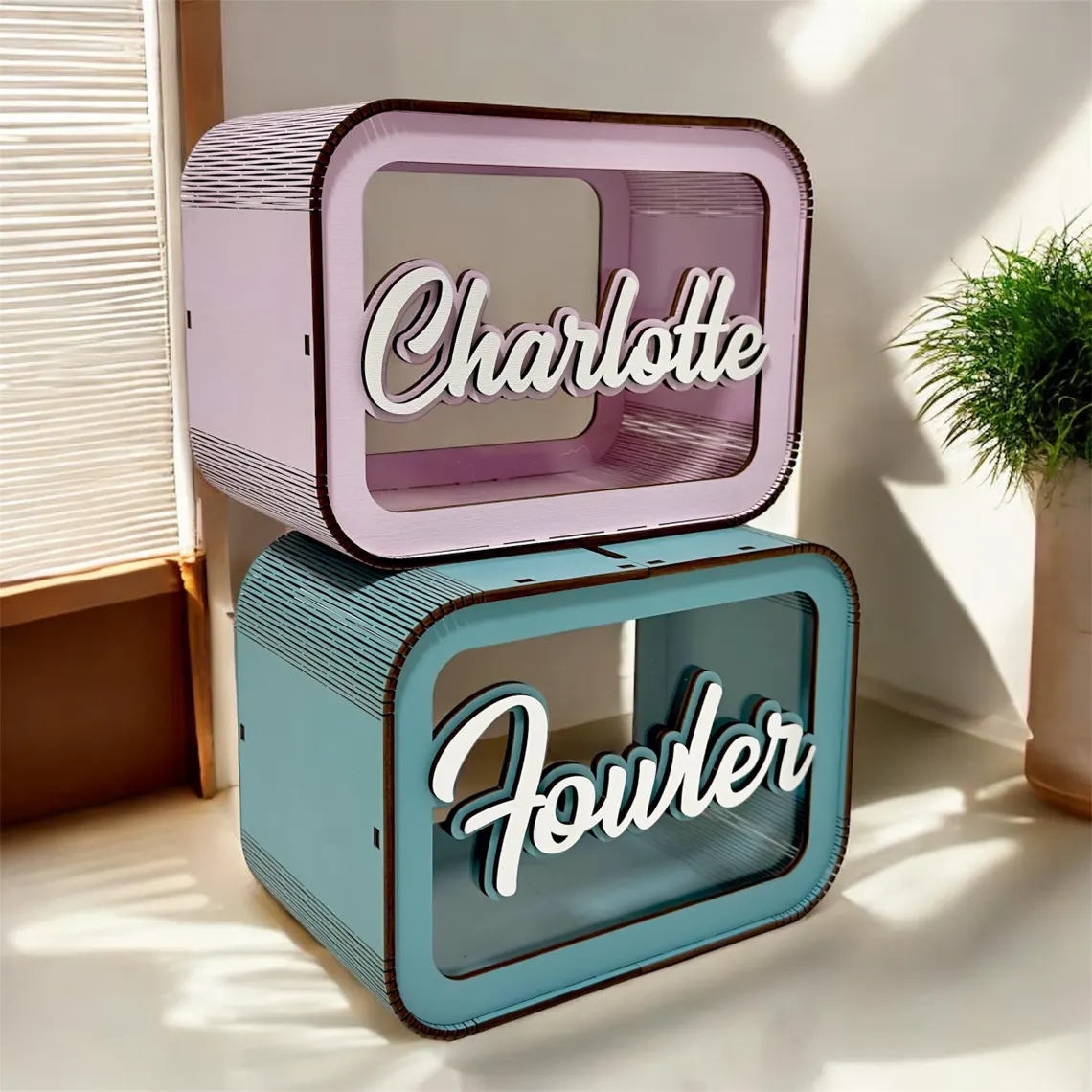 personalized wooden piggy bank for children with 3D effect