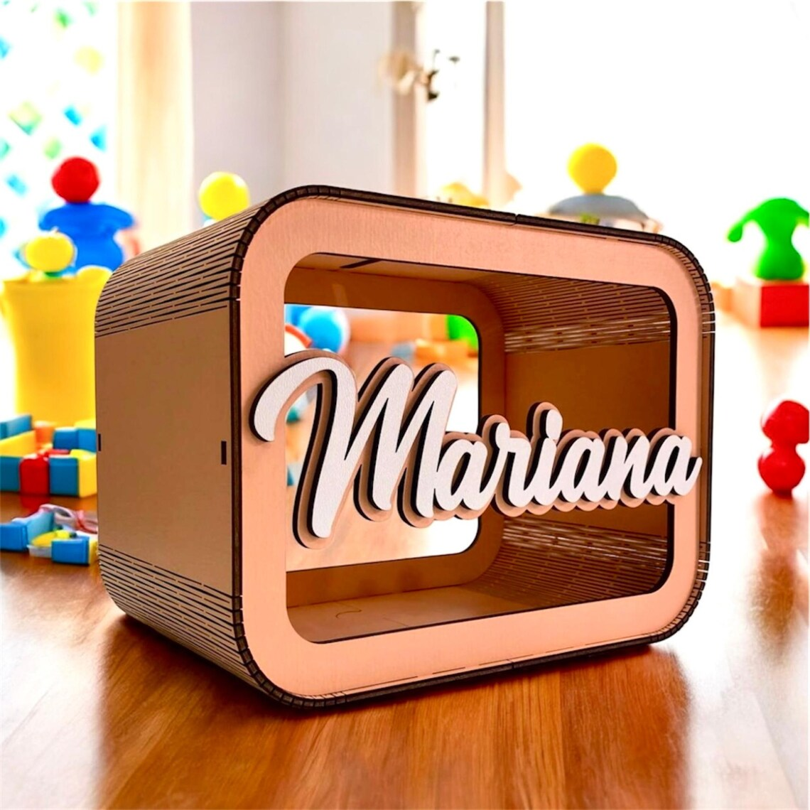 personalized wooden piggy bank for children with 3D effect