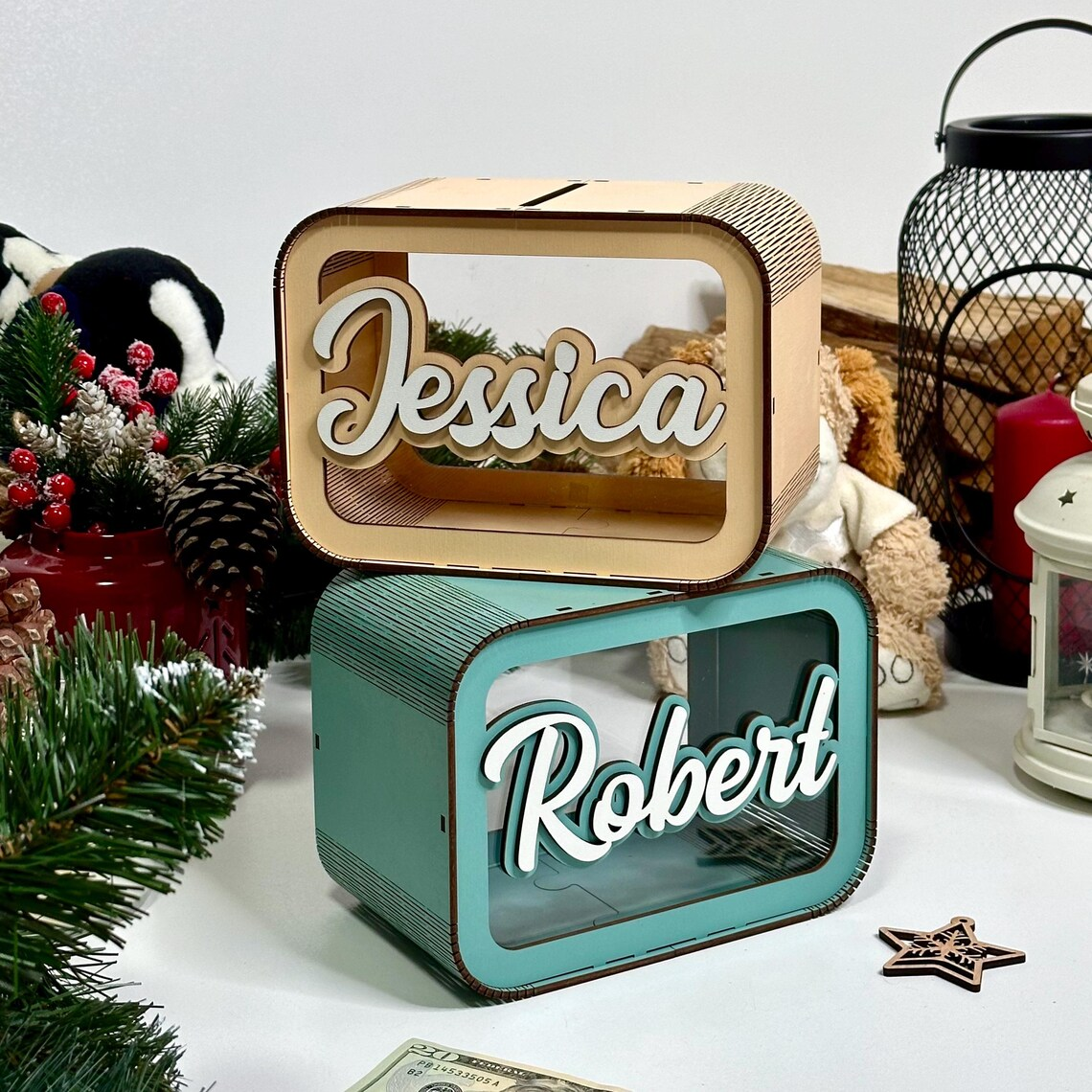 personalized wooden piggy bank for children with 3D effect