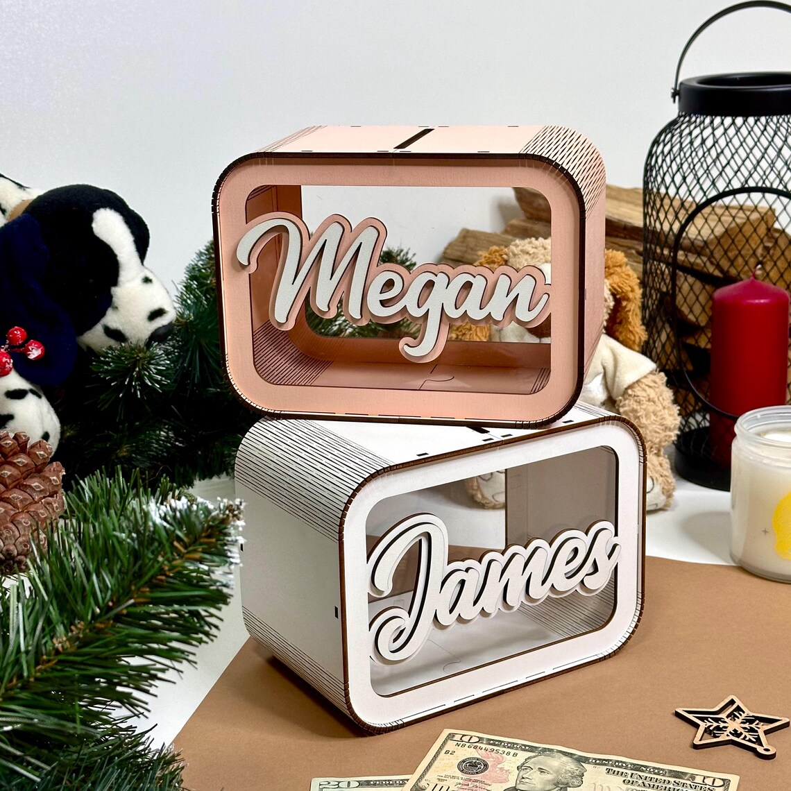 personalized wooden piggy bank for children with 3D effect