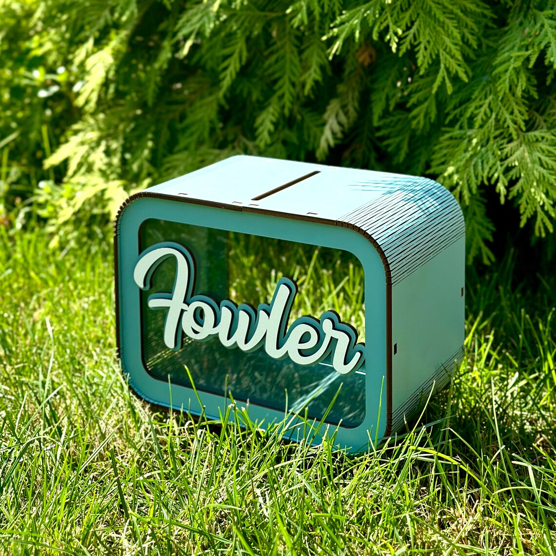 personalized wooden piggy bank for children with 3D effect