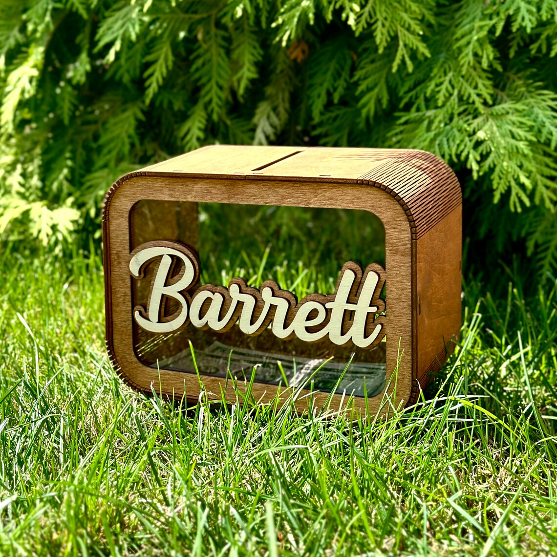 personalized wooden piggy bank for children with 3D effect