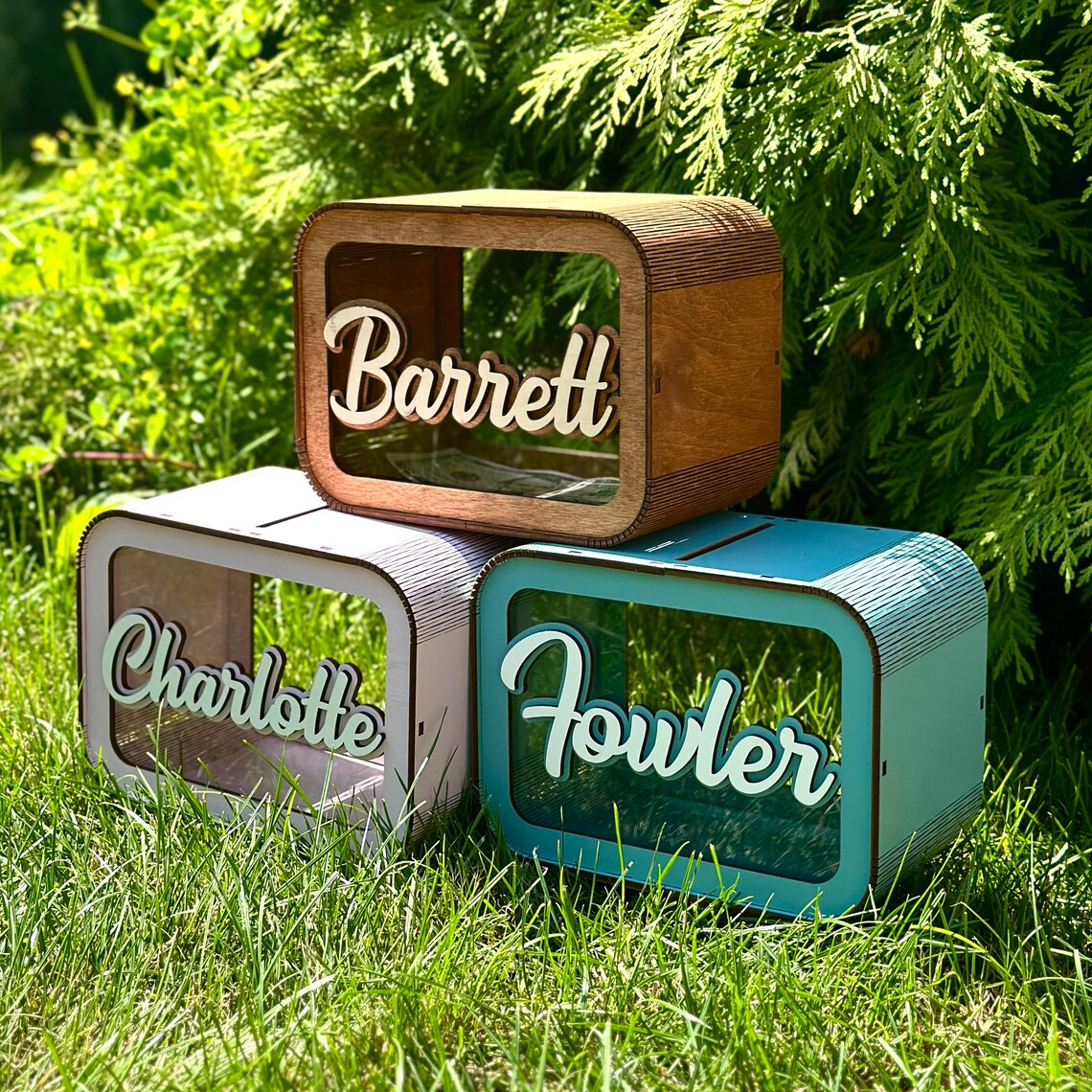 personalized wooden piggy bank for children with 3D effect