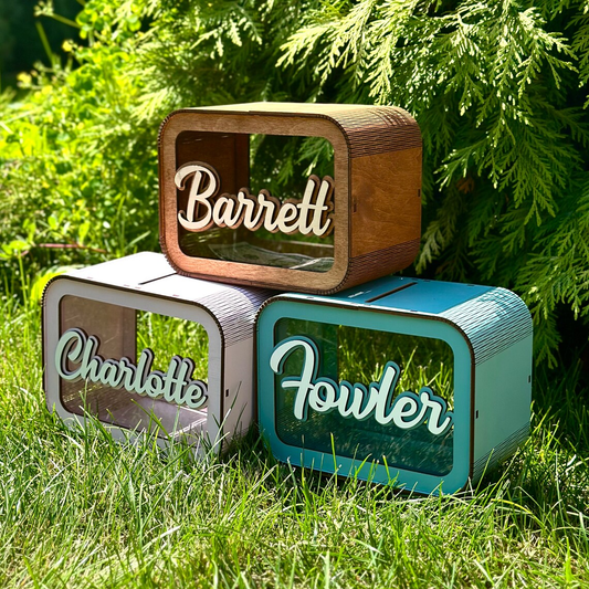 personalized wooden piggy bank for children with 3D effect