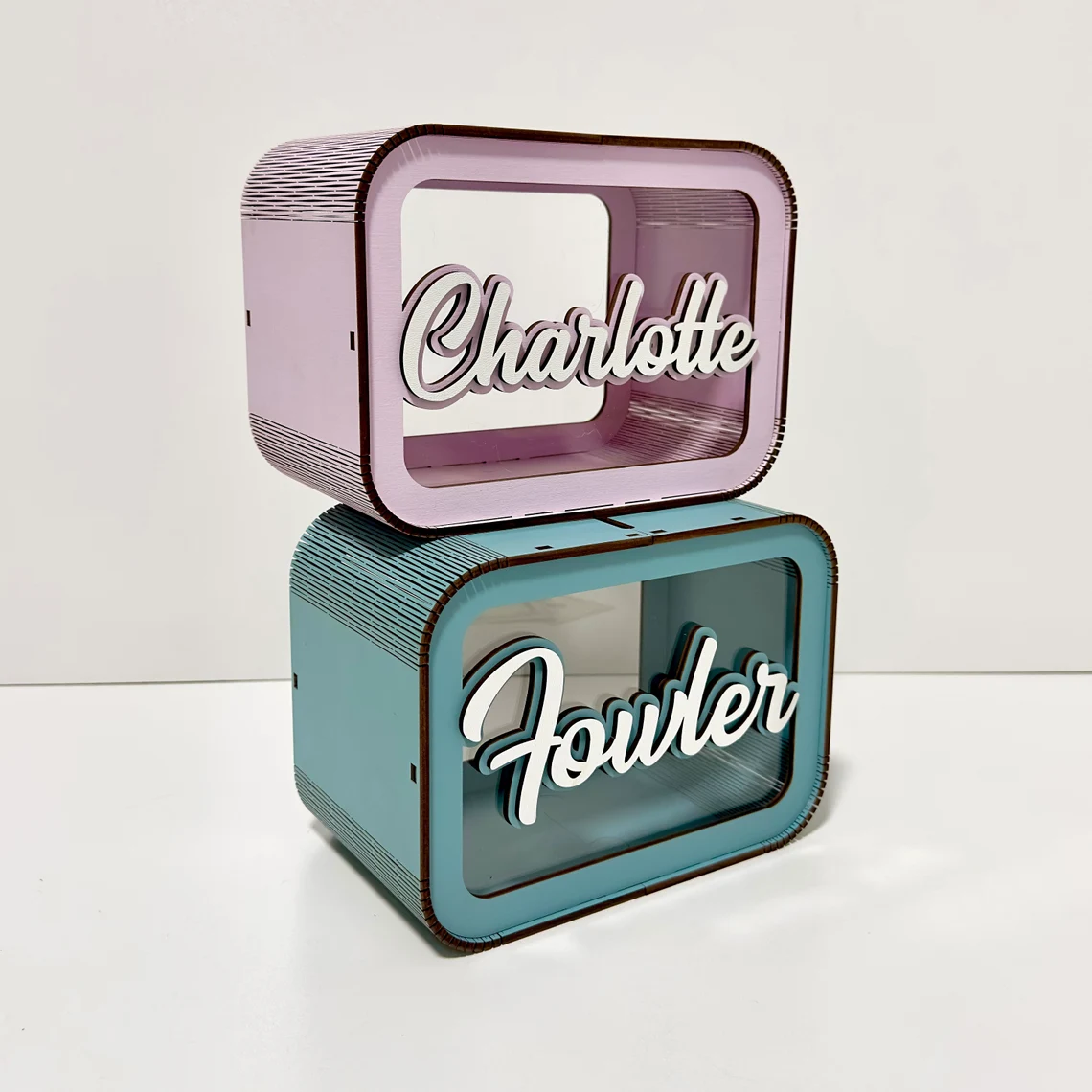 personalized wooden piggy bank for children with 3D effect