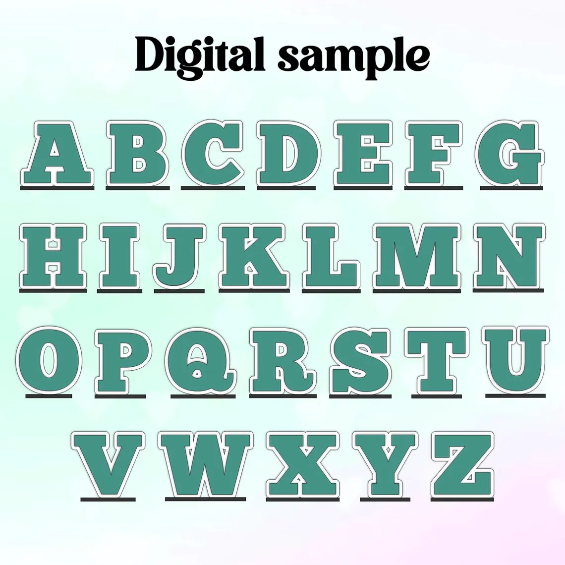 Alphabet letters from A to Z in teal on a gradient background with 'Digital sample' text at the top.