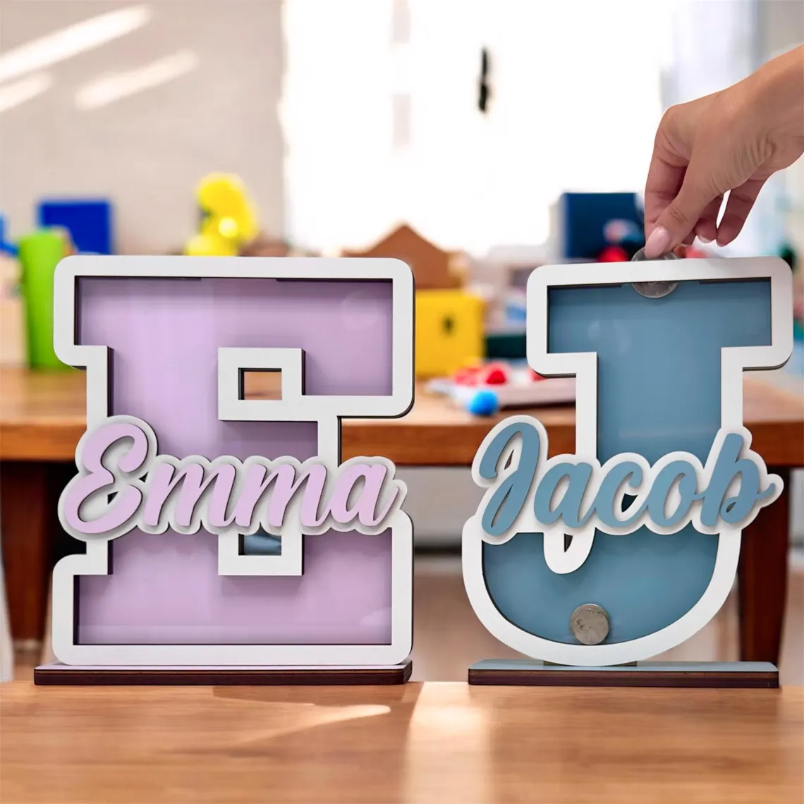 Personalized wooden box for children's coins, box with colors to choose from