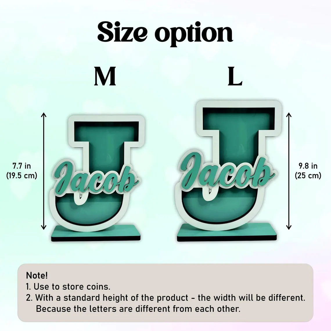 Two decorative letters 'J' with 'Jacob' text, showing size options M and L on a light green background.