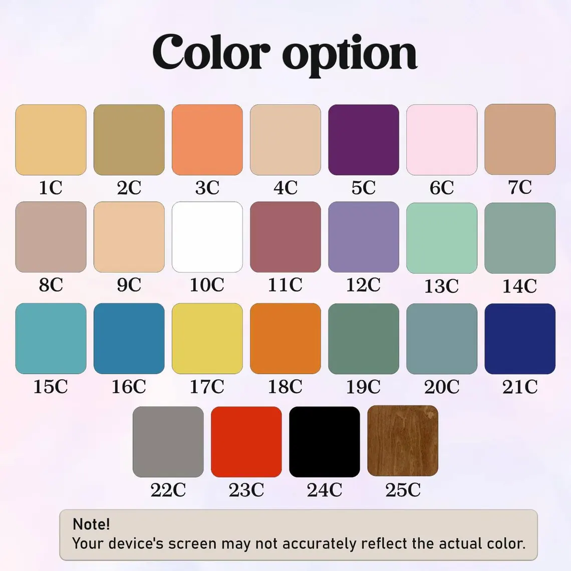 Color swatch chart with various color options labeled from 1C to 25C.