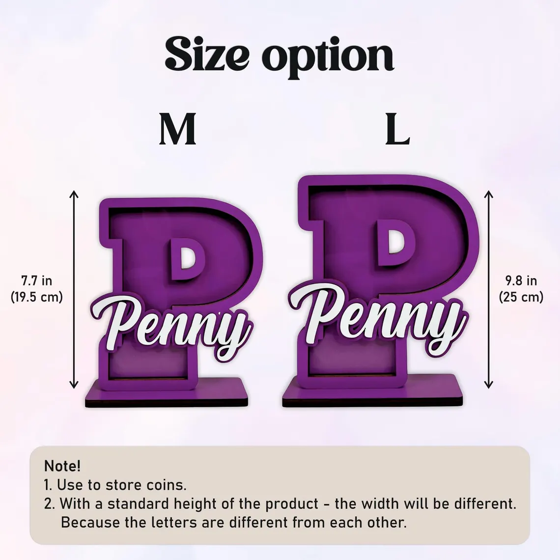 Purple letter 'P' shaped coin storage with size options M and L on a white background.