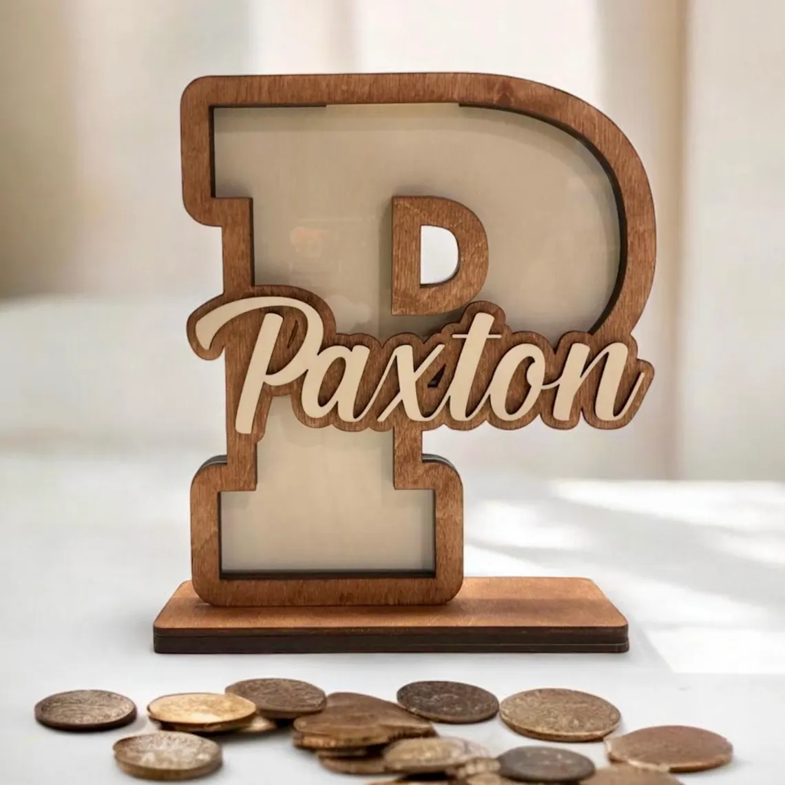 Personalized wooden box for children's coins, box with colors to choose from