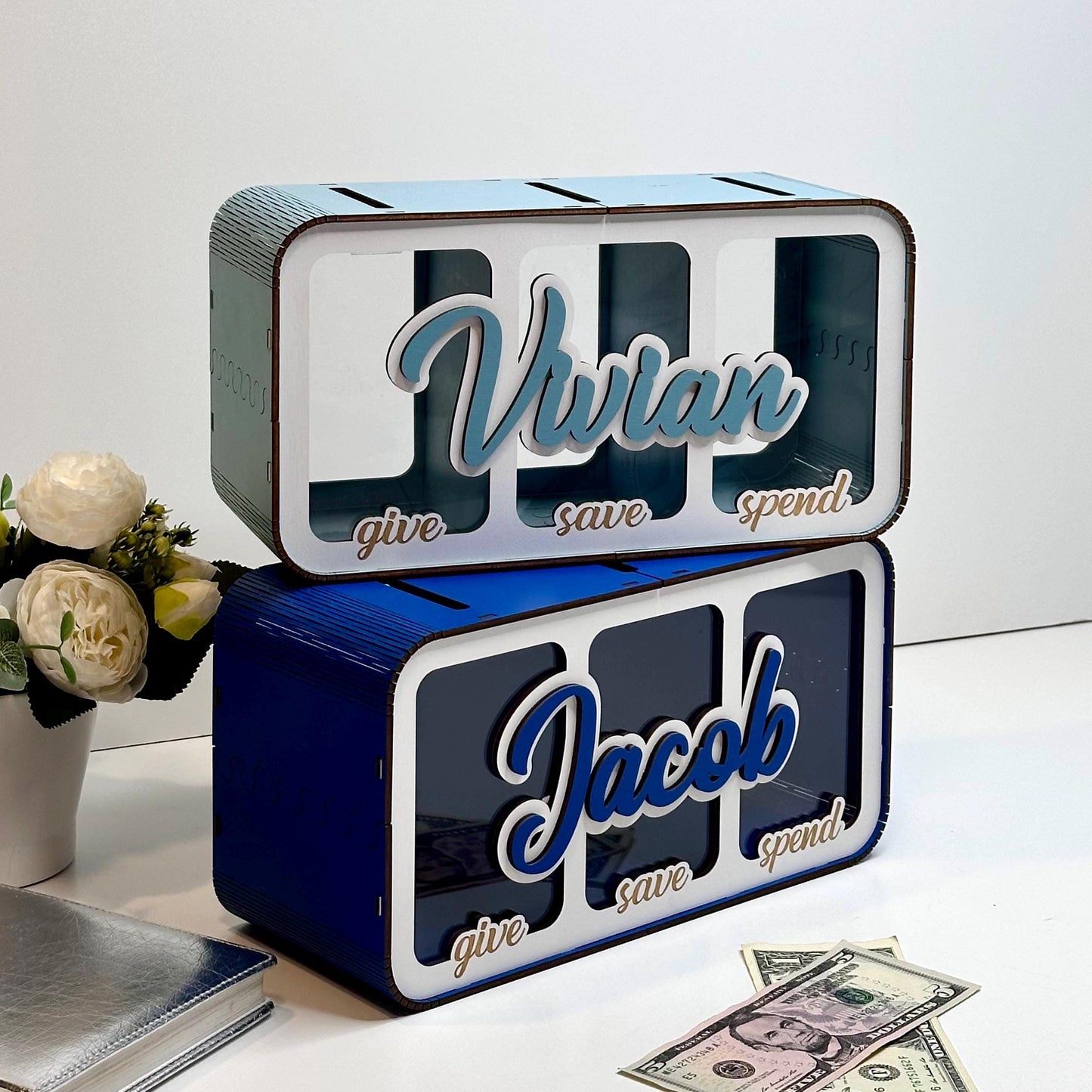 Save Spend Share Wooden Money Box for Kids