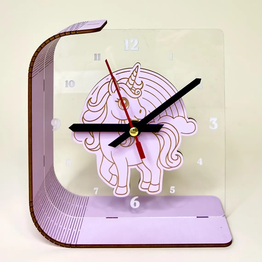 Unicorn-themed clock with a transparent design on a beige background