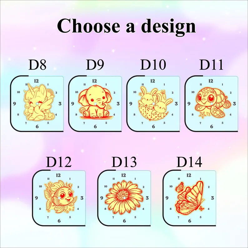 Set of animal-themed clock designs with numbers on a gradient background.