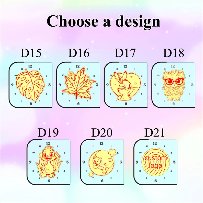 Set of decorative wall clocks with various designs on a gradient background.