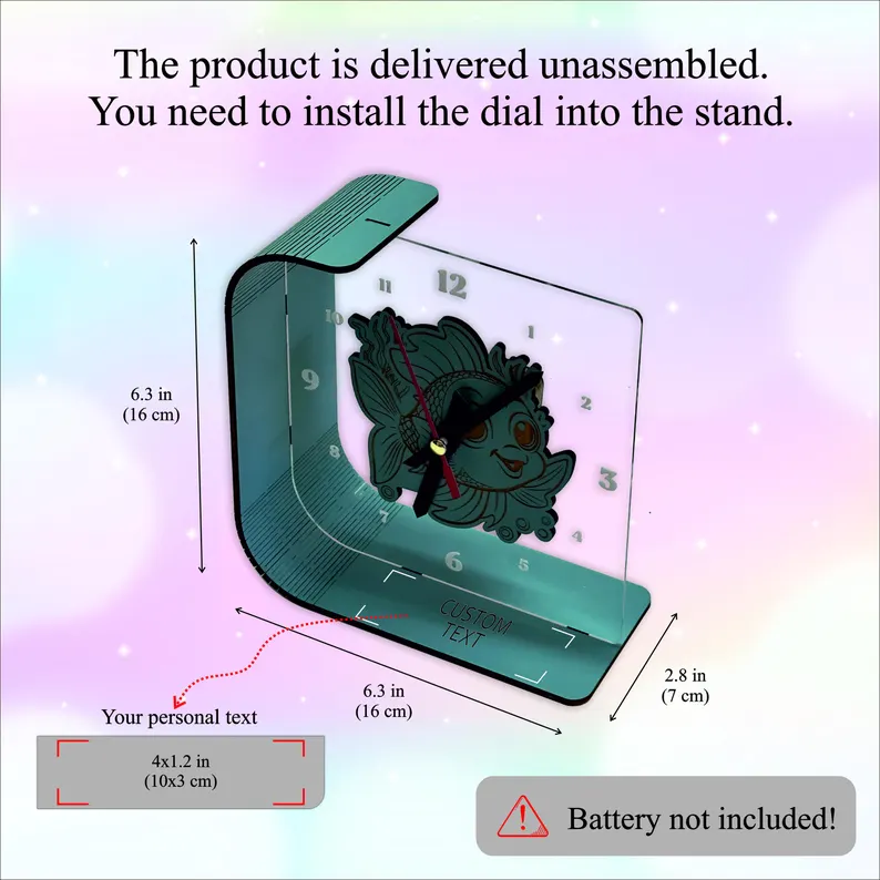 Instructions for assembling a decorative wall clock with measurements and text customization information.