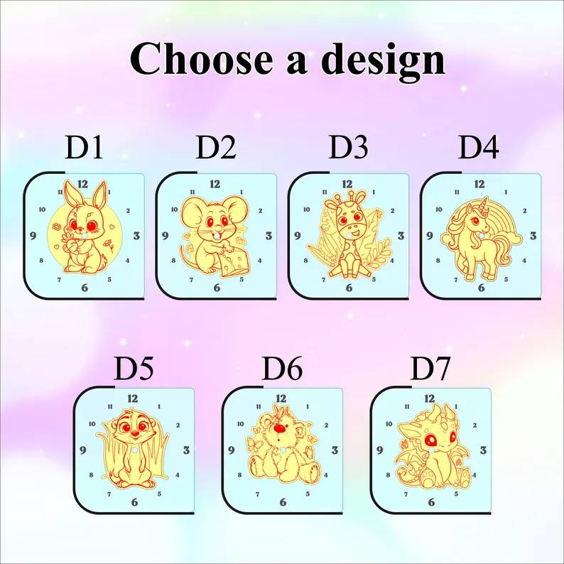 Set of seven clock designs with animal illustrations on a gradient background.