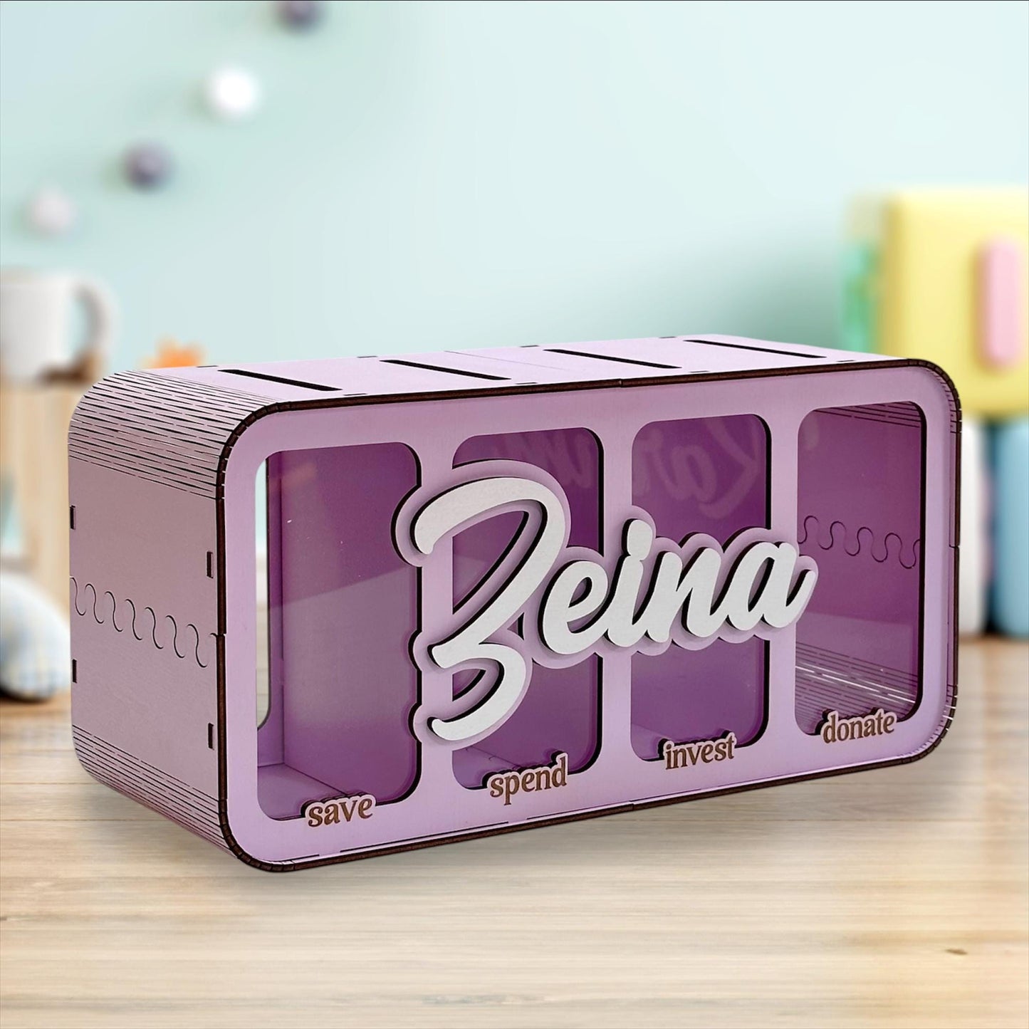 Financial Literacy Piggy Bank – Wooden Kids Cash Box with 4 Sections for Saving and Investing