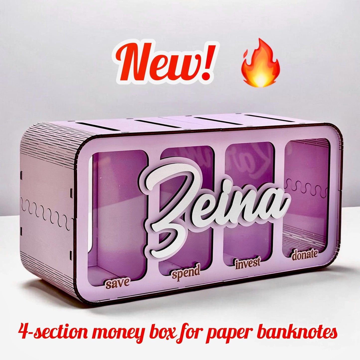 Financial Literacy Piggy Bank – Wooden Kids Cash Box with 4 Sections for Saving and Investing