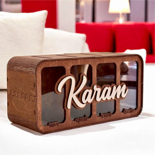 Financial Literacy Piggy Bank – Wooden Kids Cash Box with 4 Sections for Saving and Investing