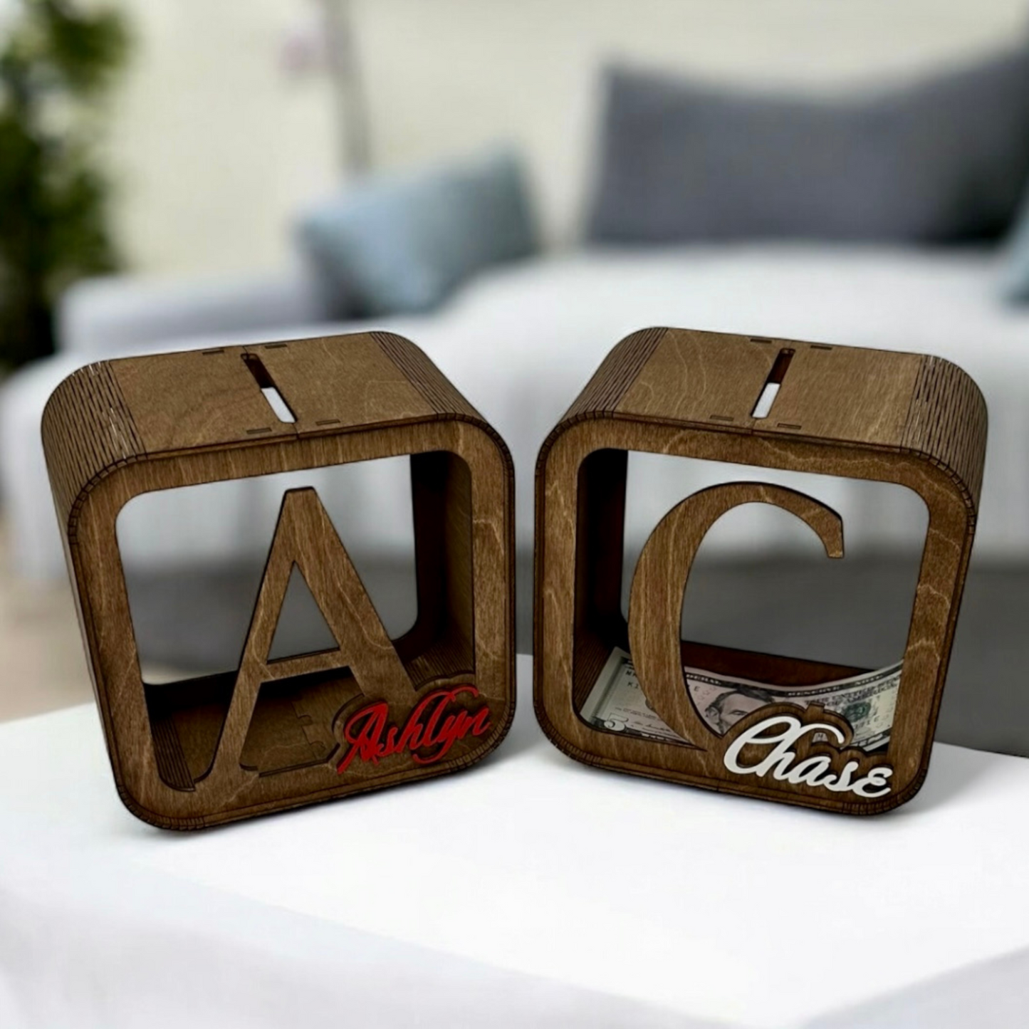 personalized wooden money box for children, stylish with the child's name in color