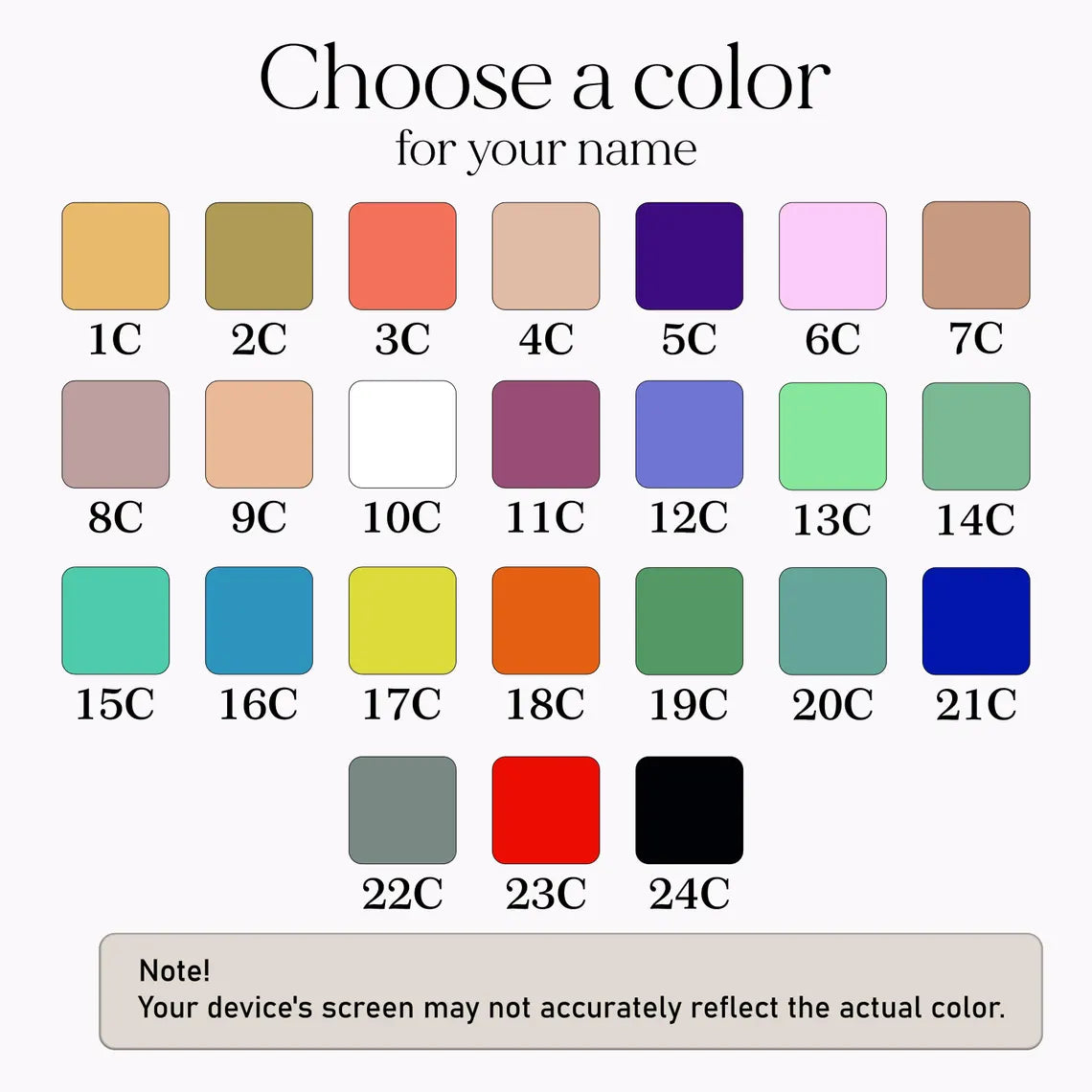 Color swatch chart with text 'Choose a color for your name' and numbers 1C to 24C.