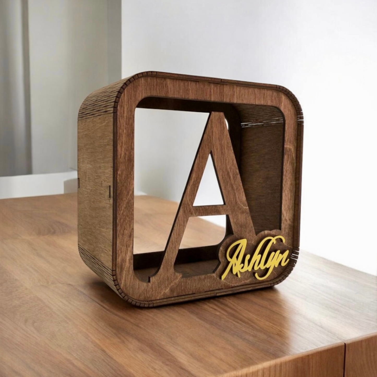 personalized wooden money box for children, stylish with the child's name in color