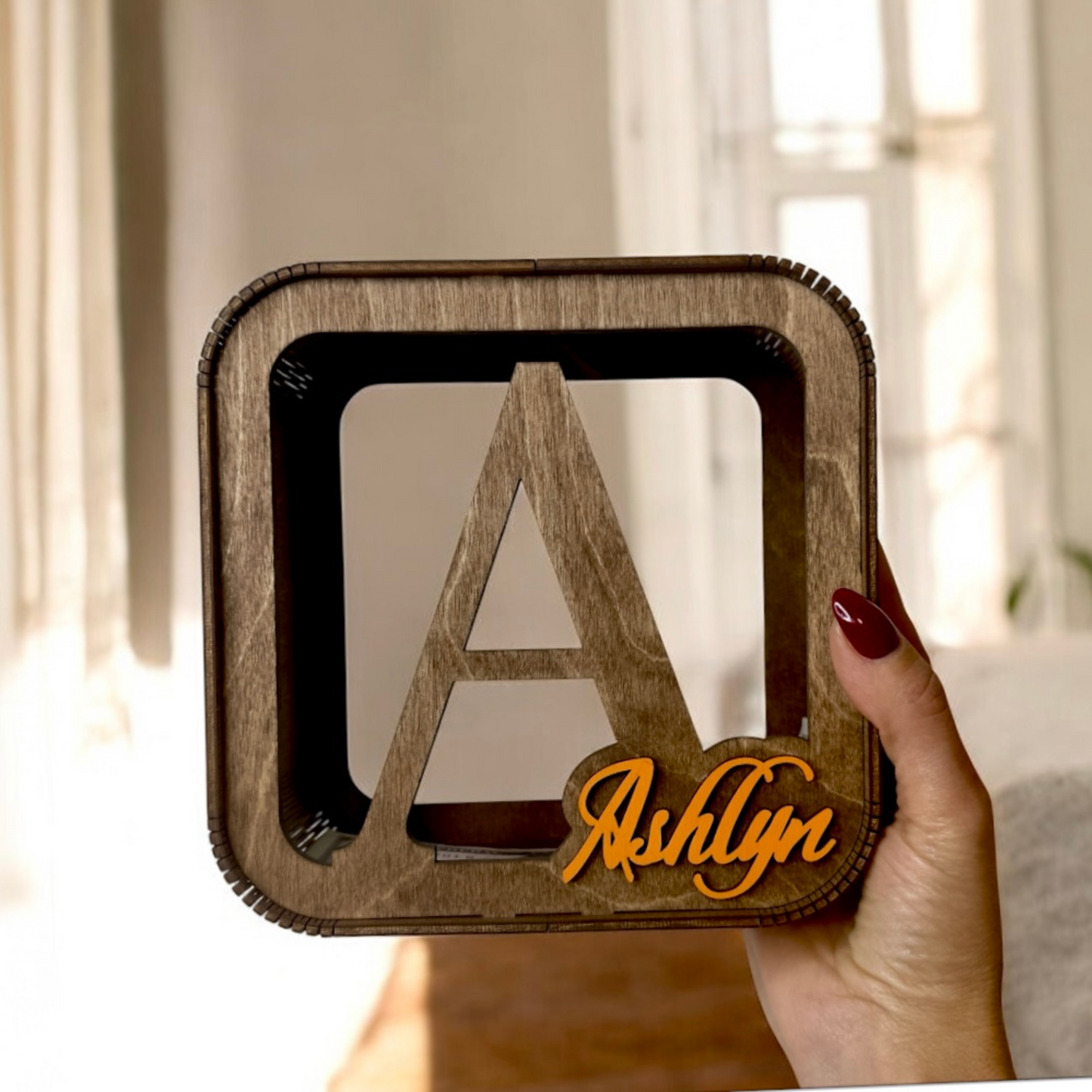 personalized wooden money box for children, stylish with the child's name in color