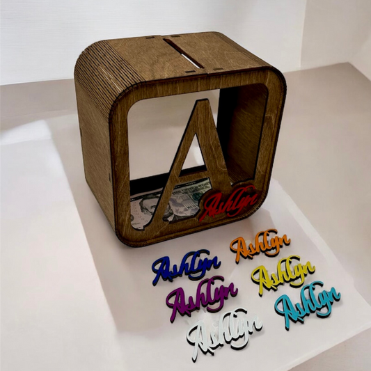 personalized wooden money box for children, stylish with the child's name in color