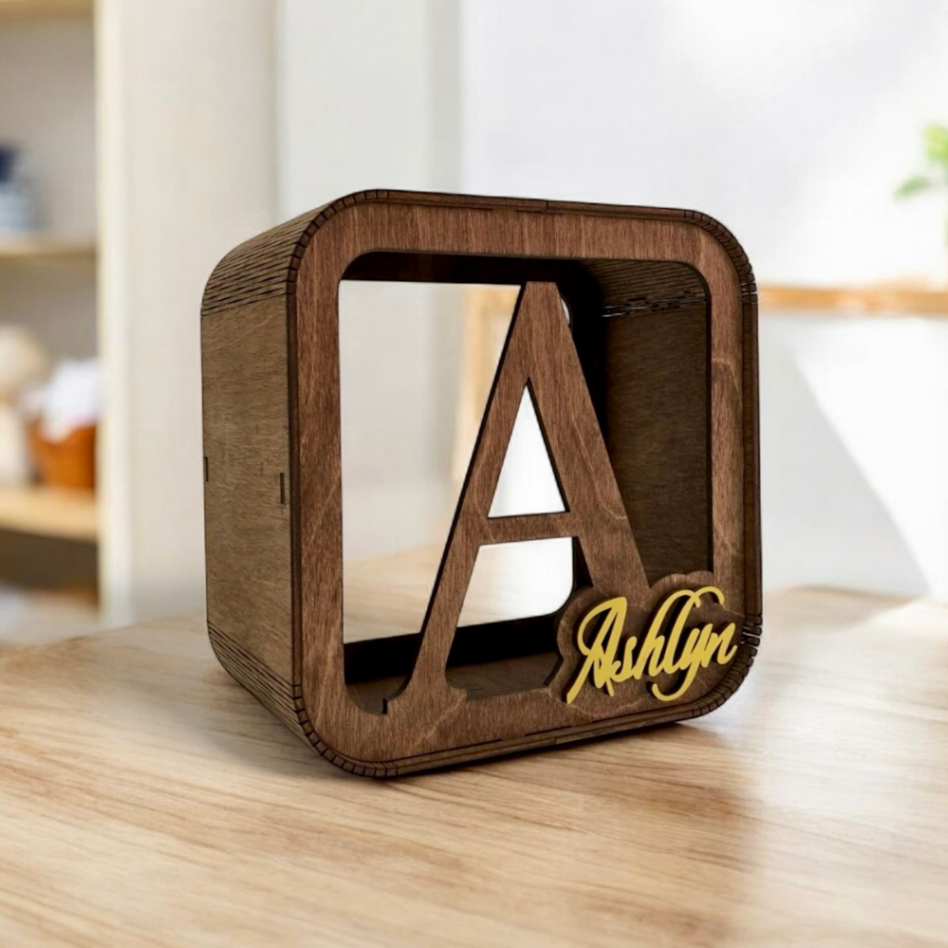 personalized wooden money box for children, stylish with the child's name in color