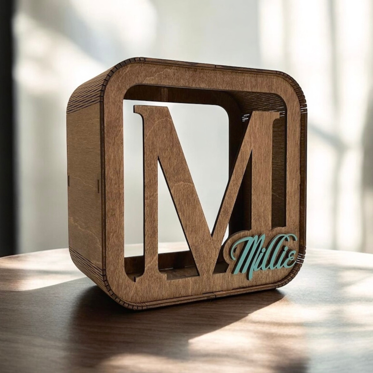 personalized wooden money box for children, stylish with the child's name in color