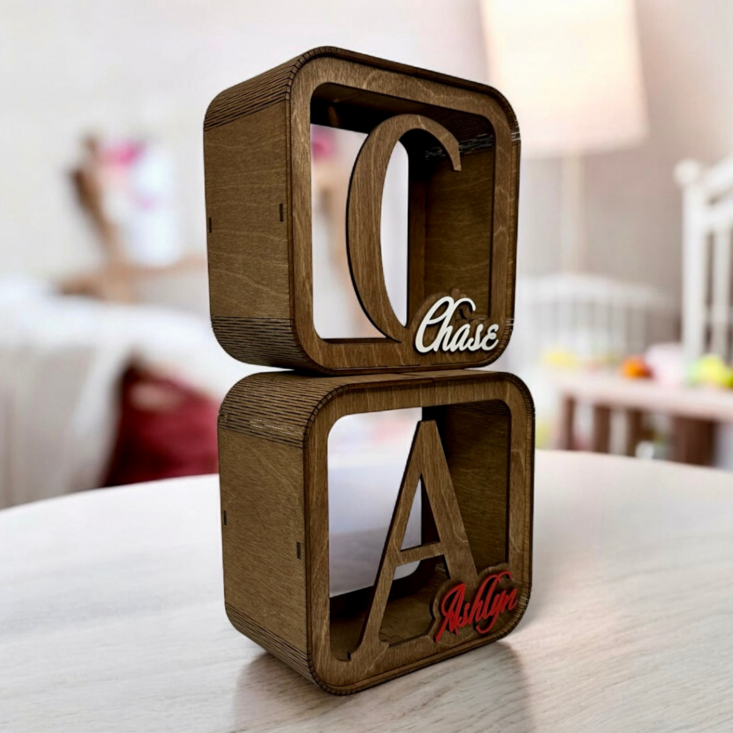 personalized wooden money box for children, stylish with the child's name in color