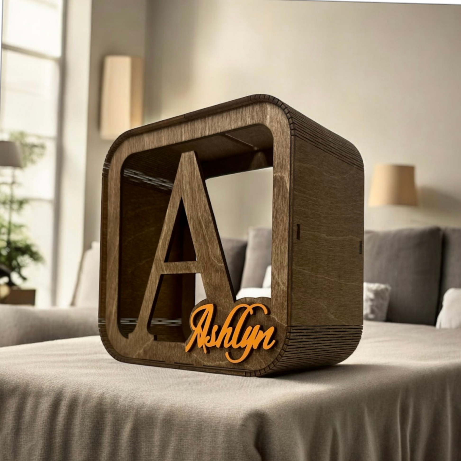 personalized wooden money box for children, stylish with the child's name in color