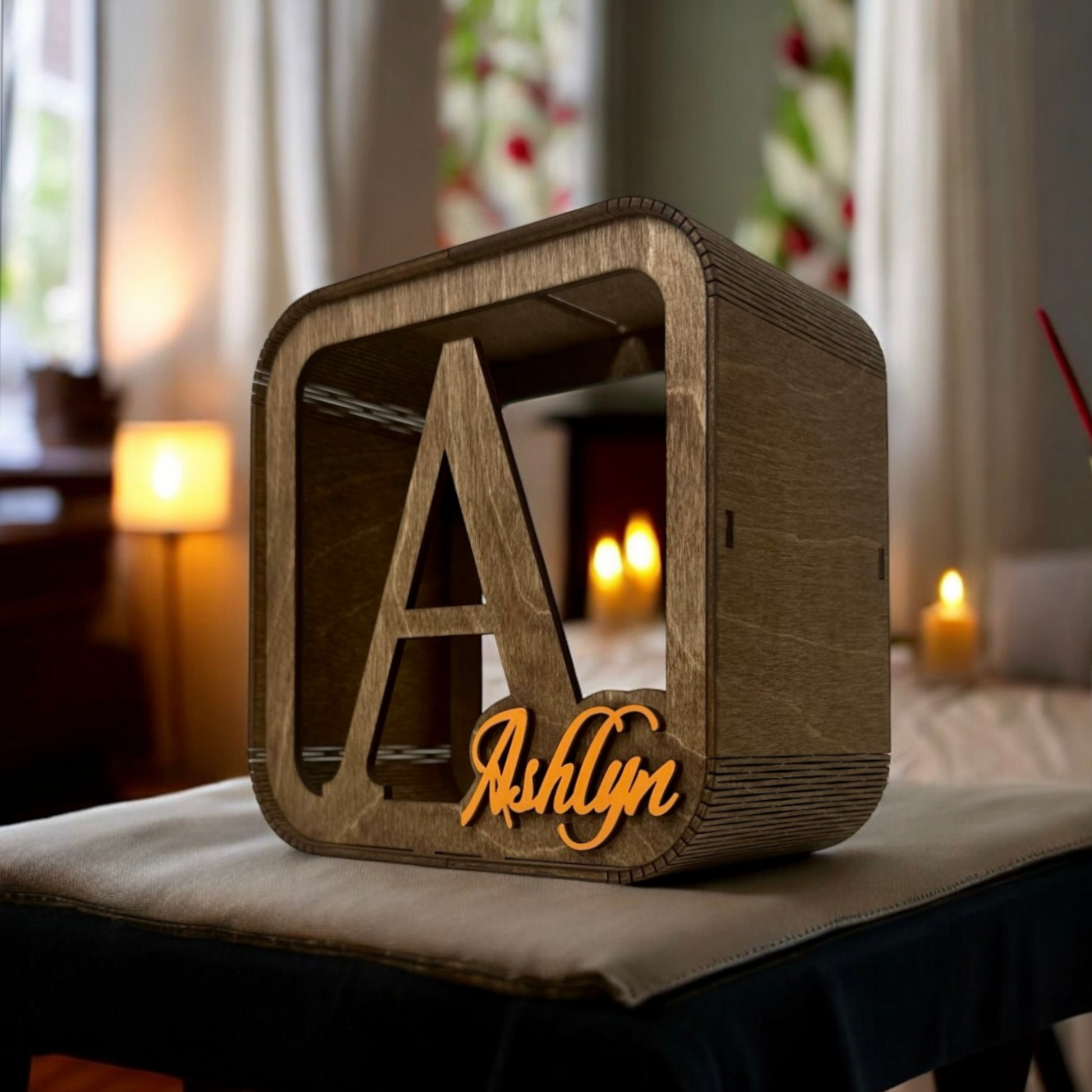 personalized wooden money box for children, stylish with the child's name in color