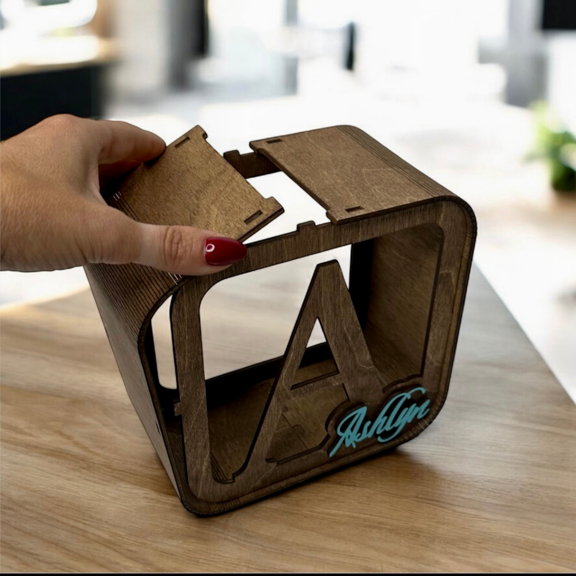 personalized wooden money box for children, stylish with the child's name in color