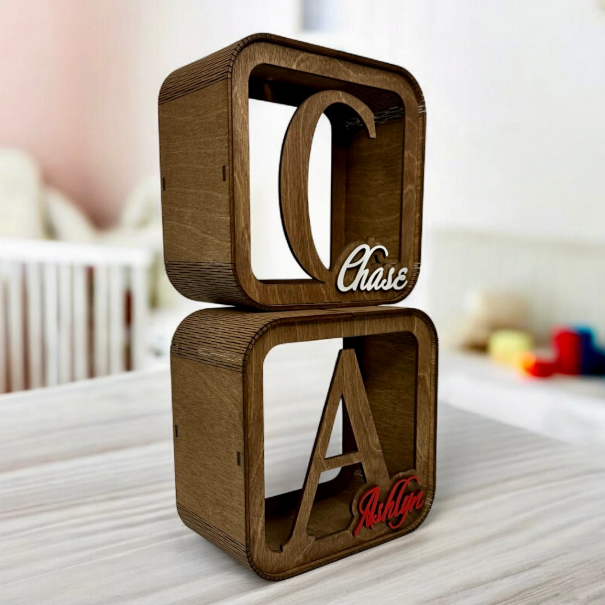 personalized wooden money box for children, stylish with the child's name in color
