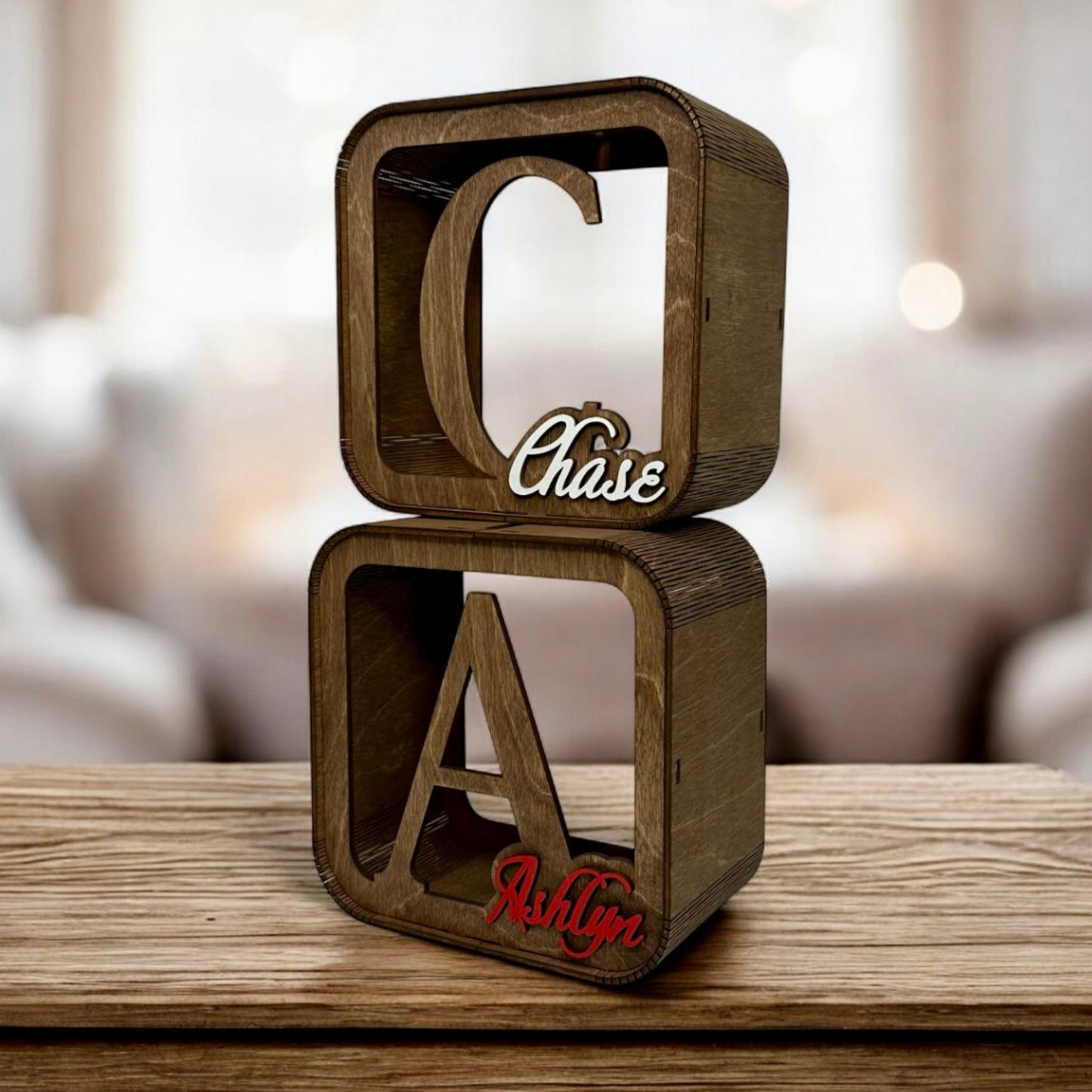 personalized wooden money box for children, stylish with the child's name in color