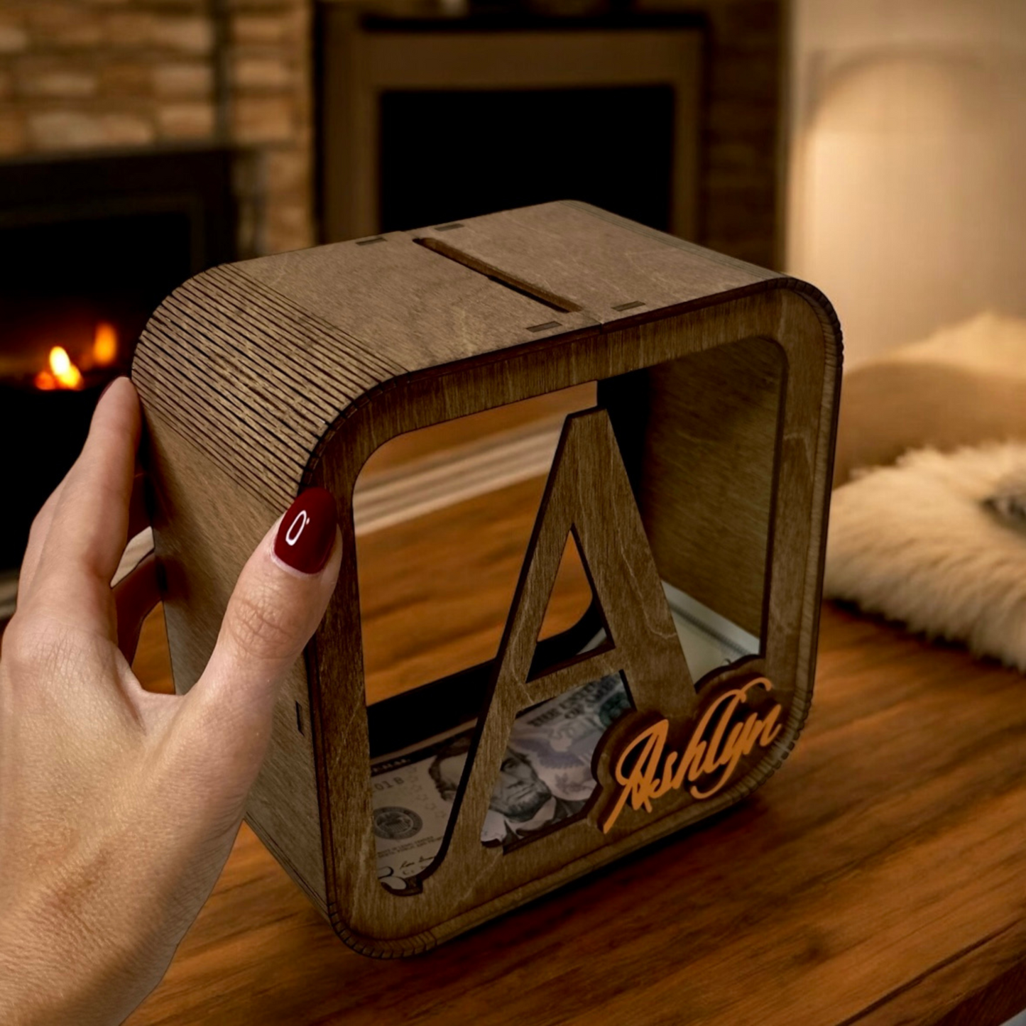 personalized wooden money box for children, stylish with the child's name in color