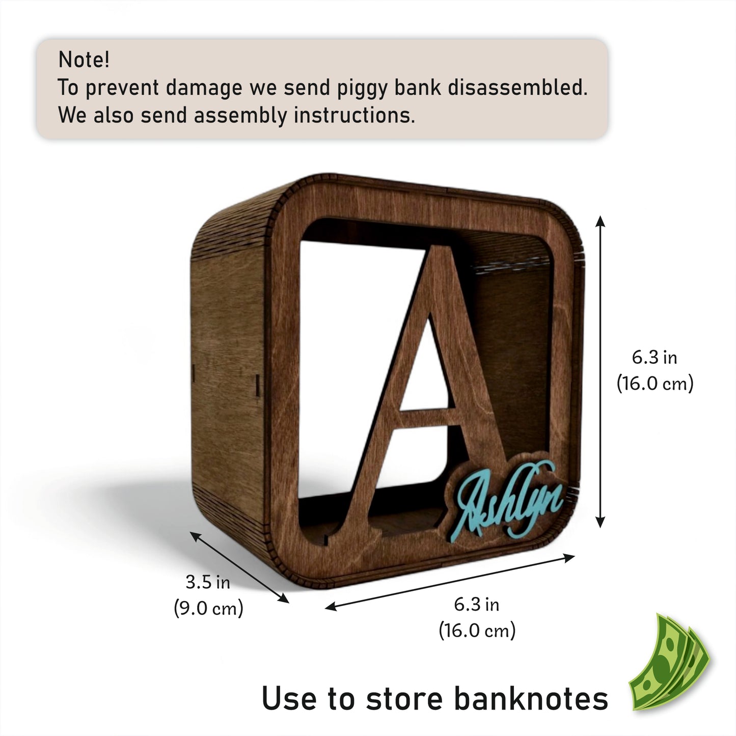 Wooden piggy bank with dimensions and assembly instructions on a white background